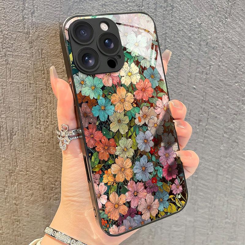 Style Colorful Floral Pattern HD Tempered Glass Phone Case For iPhone 17 16 15 14 13 12 11 Pro Max 16E 7 8 Plus XR XS X Cover
