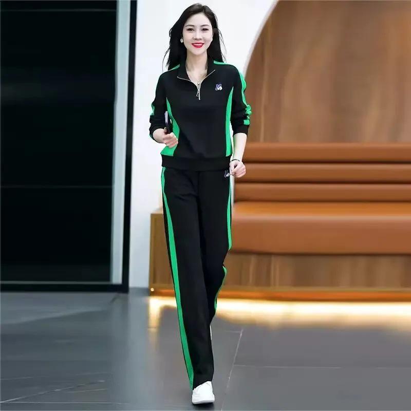2025 Trendy Slimming Stand-up Collar Sweatshirt & Wide-leg Pants Set for Women - Casual Spring/Autumn Sportswear