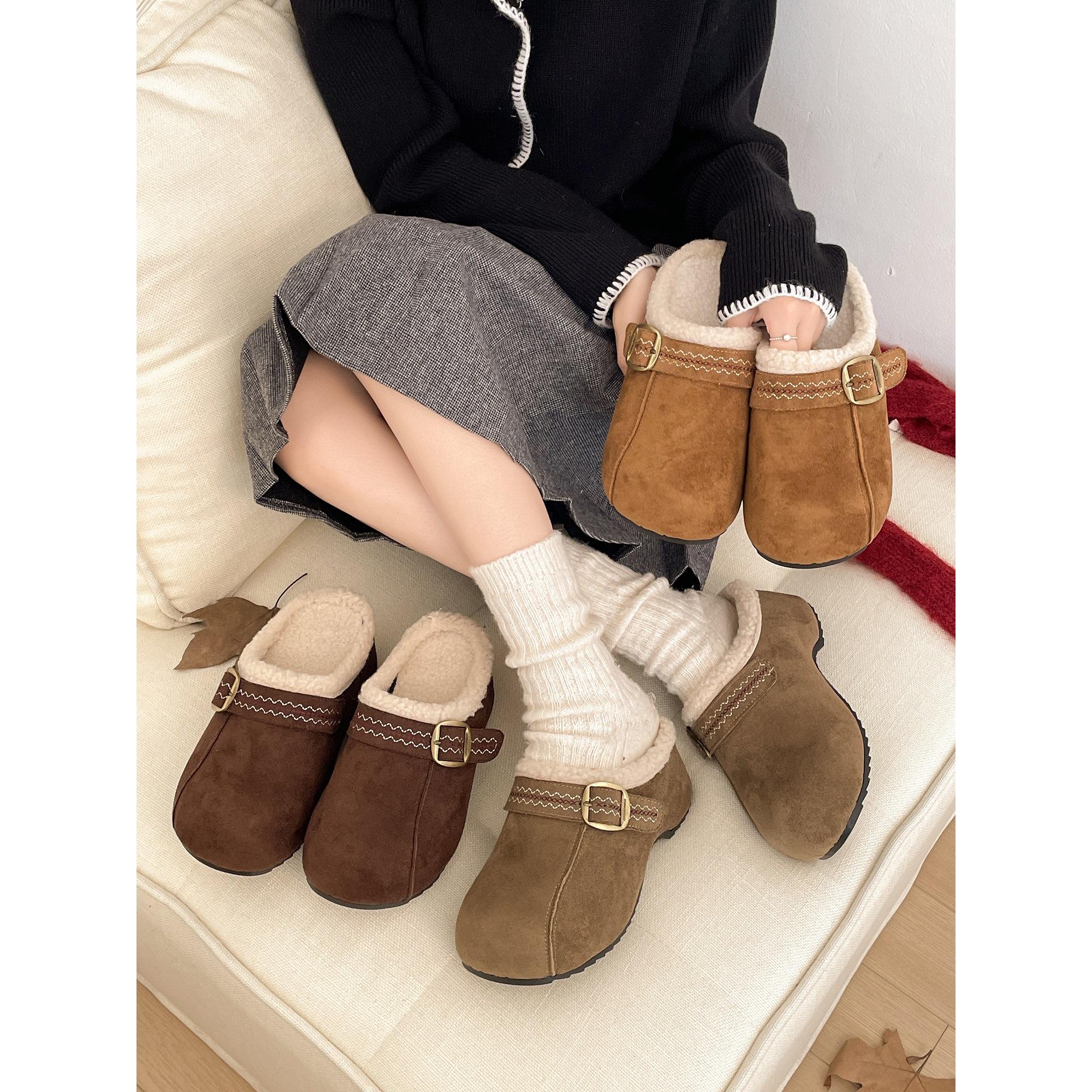 Коричневые замшевые полуботинки Birkenstocks на толстой подошве, теплые зимние шерстяные хлопковые тапочки 35