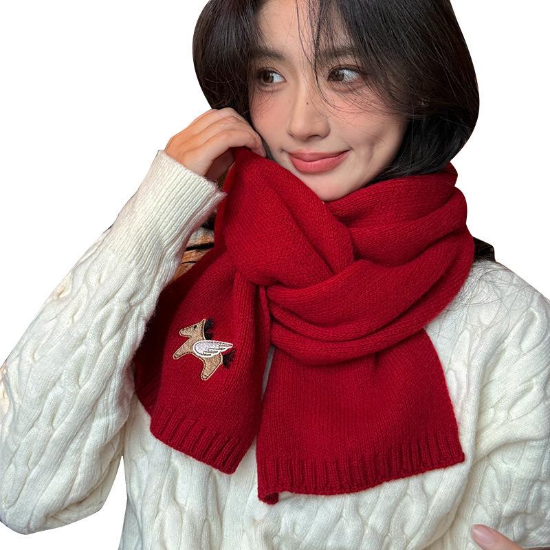 New Year's Anchor Red Woolen Scarf Women's Autumn and Winter High Quality Thick Warm Knitted Scarf Christmas Gift