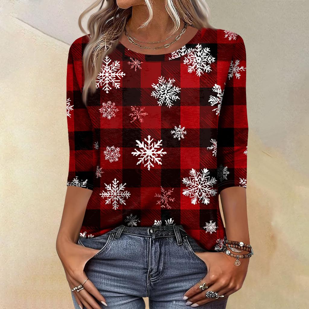 Women's Fashion Casual Christmas Tree Printed Round Neck Three-Quarter Sleeve T-Shirt Top