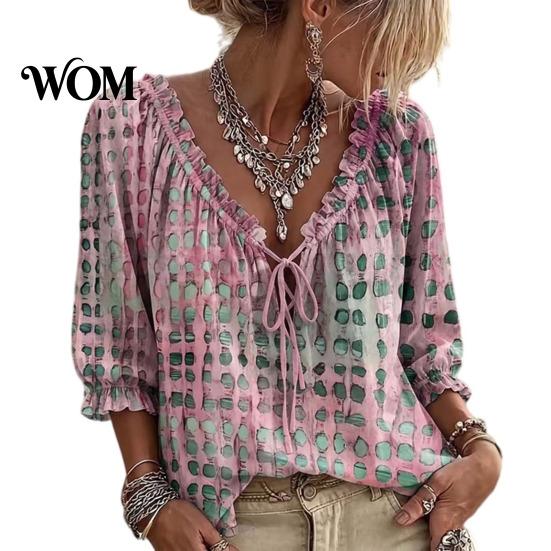 Comoda Maglietta da Viaggio da Donna Estiva Casual, Blusa con Scollo a V e Laccetti, Maniche 3/4, Blusa a Quadri Oversize con Stampa, Top Larghi e Svasati, Leggera
