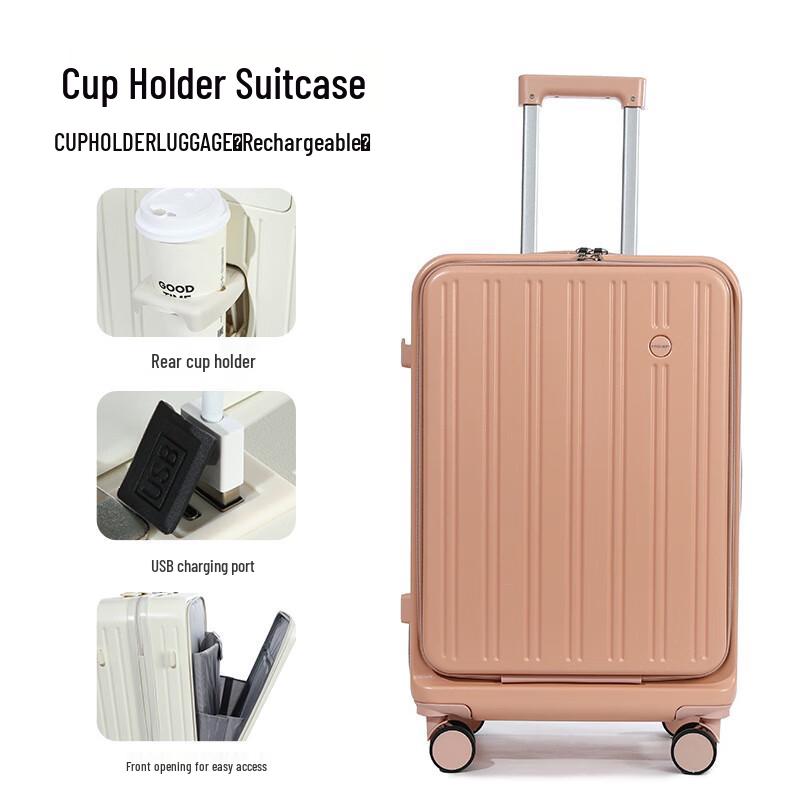 Front-Opening Travel Suitcase with Charging Cup Holder
