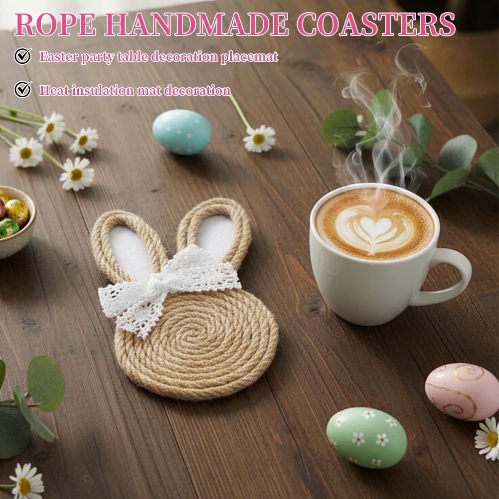 4Pcs Jute Rope Rabbit Coasters Table Mat Pad Cloth Cup Doily Tea Dining Coaster Mug Tablecloth Placemat Kitchen Easter Decor