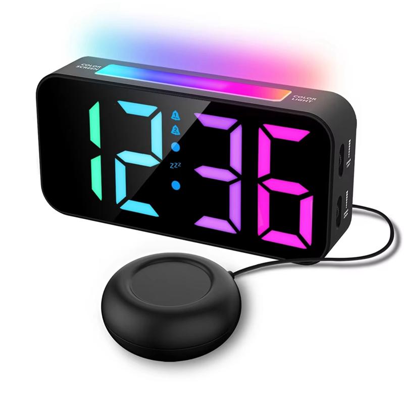 

A44Z-NEW Powerful Vibrations RGB Digital Alarm Clock With Mood Light Snooze 2 Alarms USB Powered Clock For Heavy Sleeper чорний