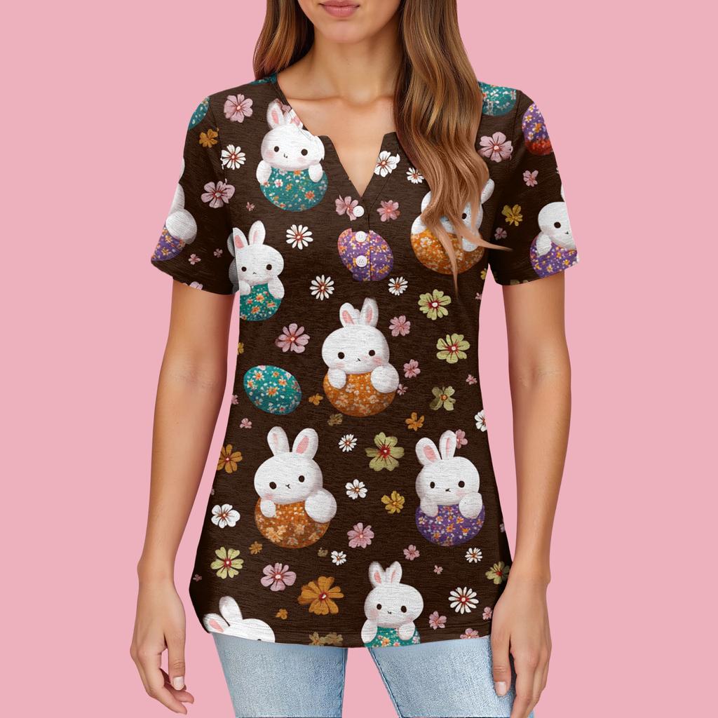 Women's T Shirt Print Button Short Sleeve Daily Weekend Fashion Basic V- Neck Regular Top