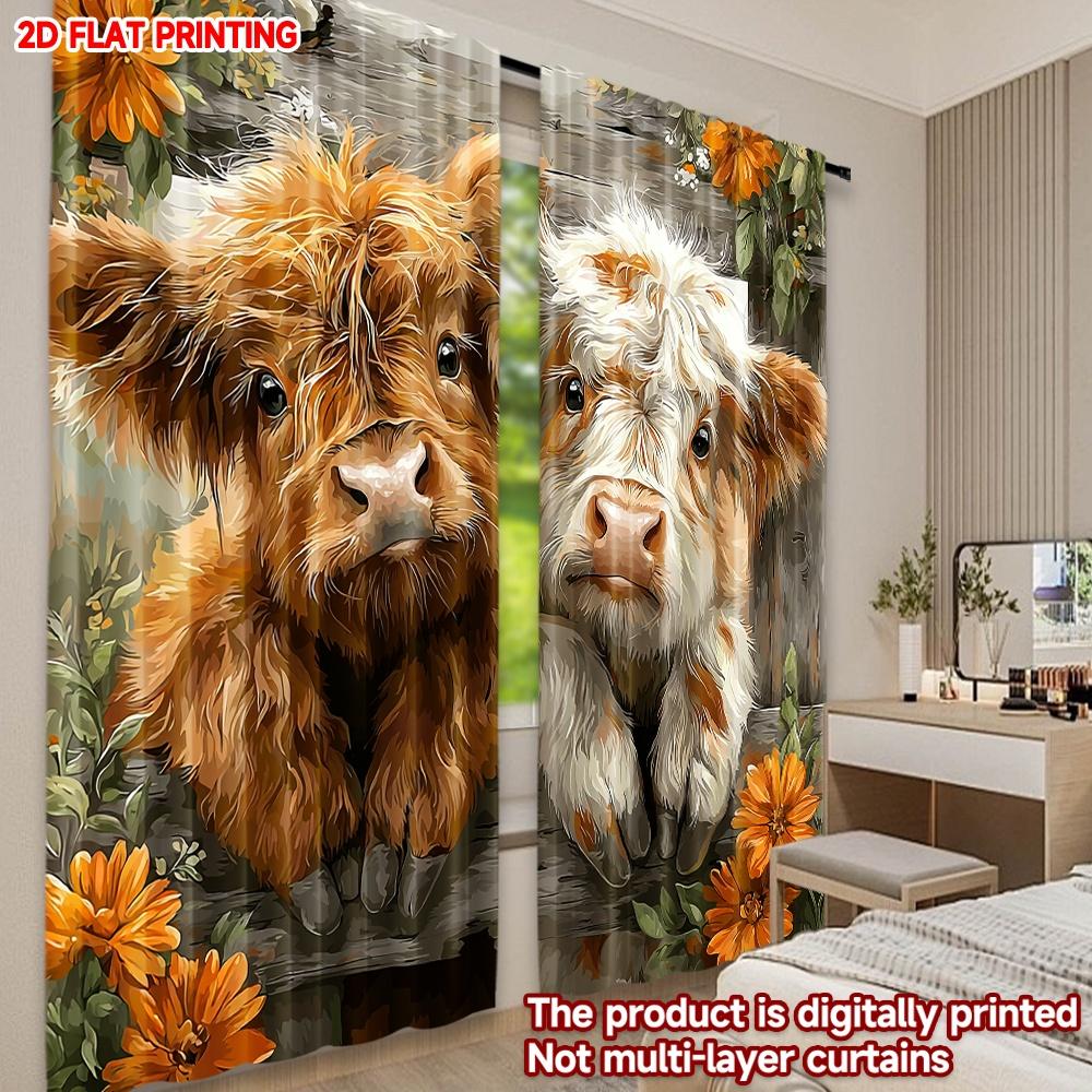 Set Of 2 Flat Printing Happy Valentine Day Party Window Curtains Cartoon Plateau Cattle Calves Digital Printed Polyester Curtain
