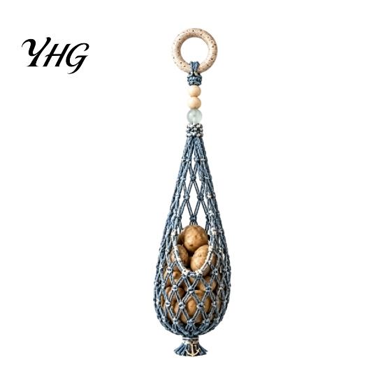 Kitchen Countertop Space Saver Handwoven Cotton Rope Storage Mesh Bag, Wall-Mounted Bohemian Style Organizer, Hand Woven Produce Basket Breathable