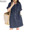 ZANZEA Women Korean Casual Shirt Collar Fashion Pockets Short-Sleeved Shirt Dress