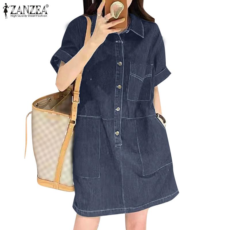ZANZEA Women Korean Casual Shirt Collar Fashion Pockets Short-Sleeved Shirt Dress