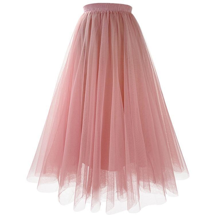 Autumn Winter Green Floor-Length Tulle Skirt Women Casual Long Maxi Skirt High Waist Pleated Skirt Female Mesh Party Skirt White