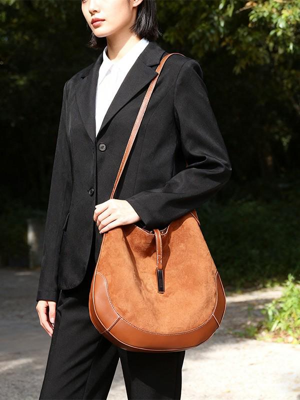 Women's Suede Equestrian Underarm Dumpling Handbag - Trendy Crescent Tote