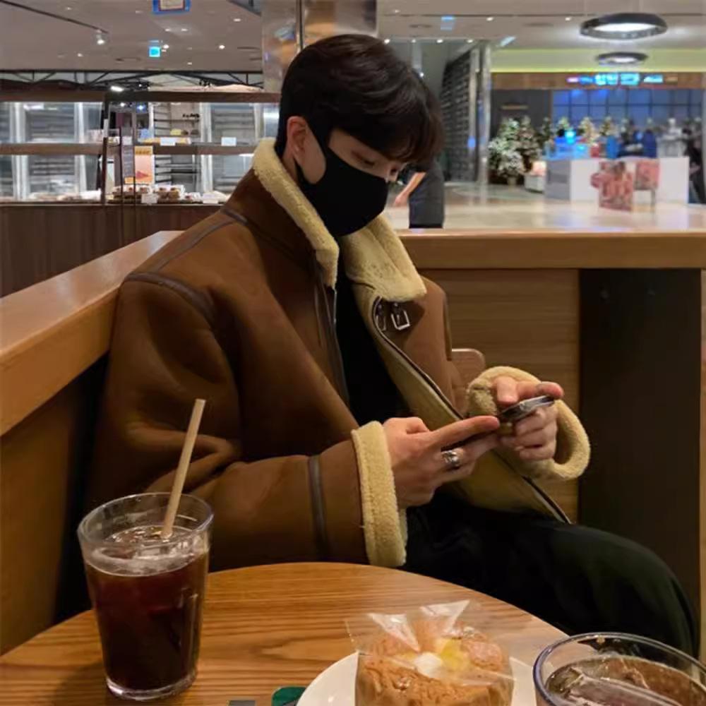 

Пальто с воротником из овечьей шерсти, мужская зимняя ретро мотоциклетная куртка с хлопковой подкладкой, замшевая куртка с хлопковой подкладкой XXL коричневый