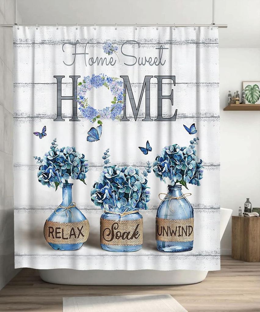 Tijuboni Farmhouse Hydrangea Shower Curtain Blue Flower Shower Curtains for Neutral Country Floral Bathroom Decor Rustic Shower