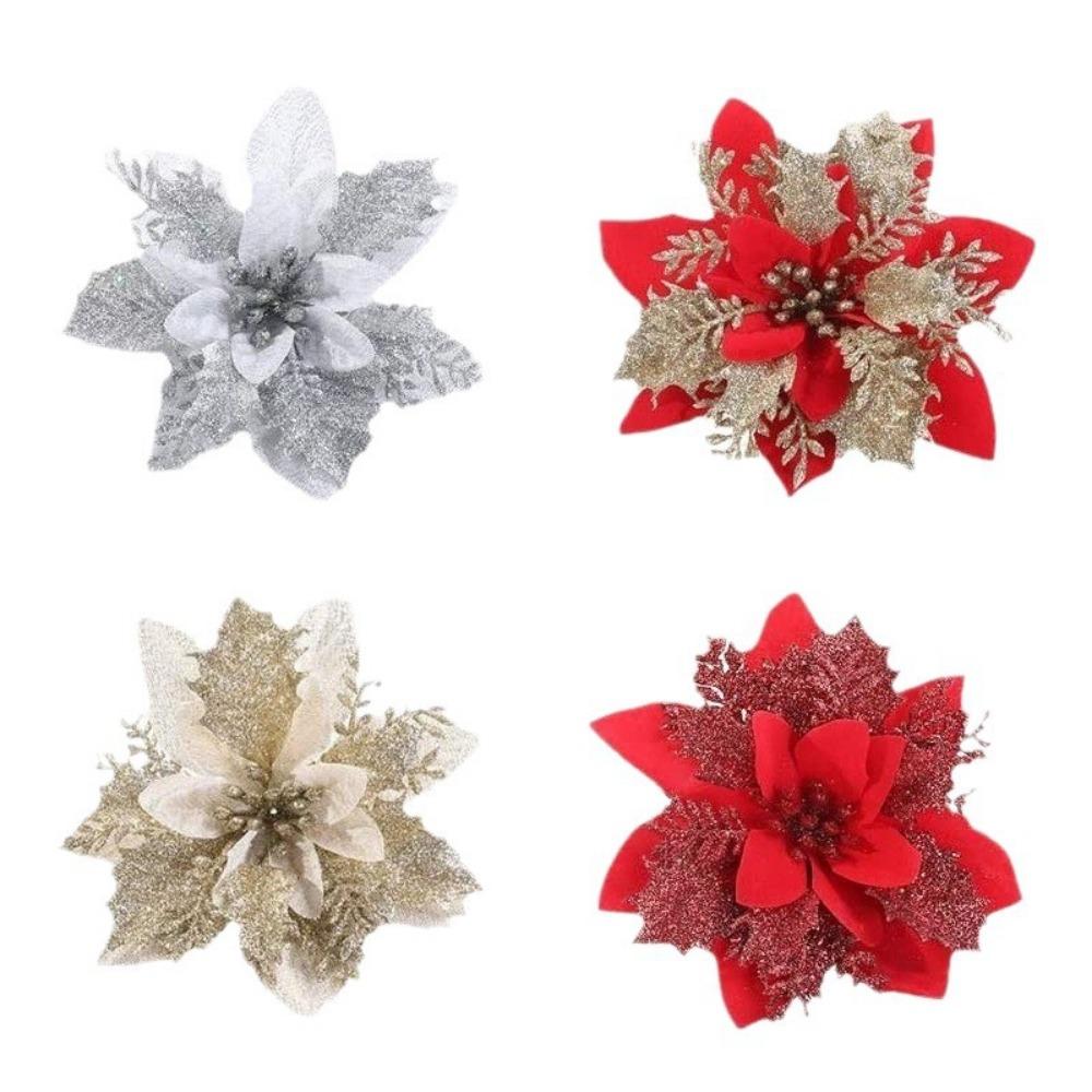 4pcs 14cm Glitter Artificial Christmas Flower Ornaments – Pink, Red & Gold for Tree & Home Holiday Decor