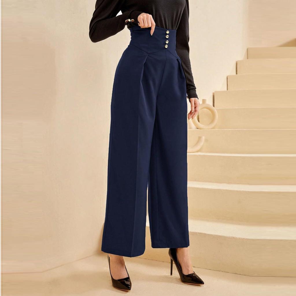 Women  Elastic High Waist Pant Casual Active  Fit Wide Leg Long Pants Trousers With Pockets