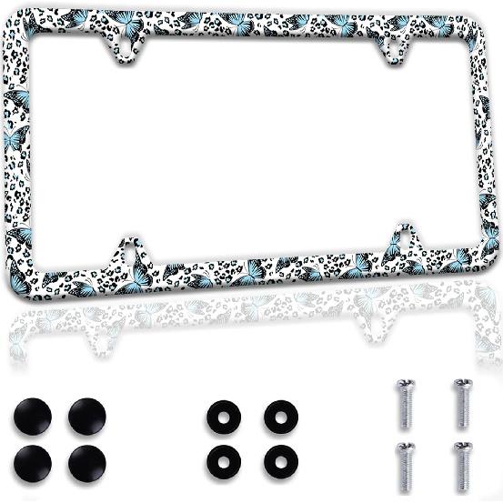 Blue Butterflies Leopard Print Cute License Plate Frames 4 Holes, Stainless Steel Personalized License Plate Cover Holder Car Accessories Decor With