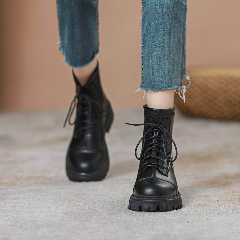 Martinky dámské podzimní malé na silné podrážce šněrovací zadní zip vnitřní zvýšení výšky britské krátké boty zvýšení výšky vysoký podpatek