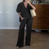 Women's Spring Linen 2 Piece Outfit Puff Sleeve Peplum Top Wide Leg Pants Set