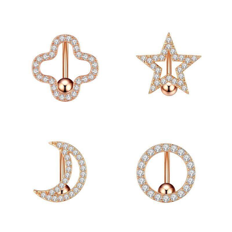 Reversed Bar Star Moon Four-leaf Clover Navel Piercing Nombril for Women Girl Crystal Belly Button Ring Inverted Barbell Jewelry