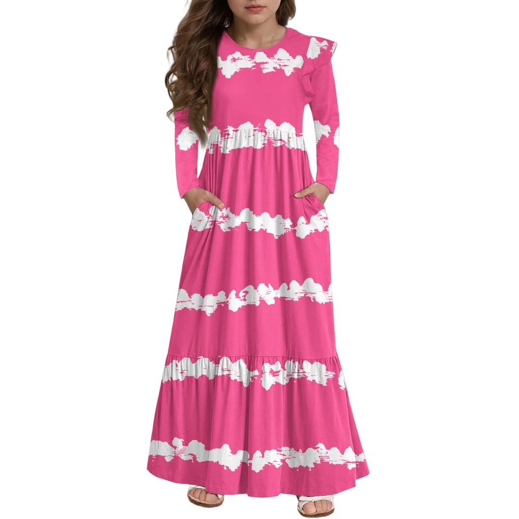 Girls' Tiered Ruffle Dress - Long Sleeve Printed Maxi With Pockets
