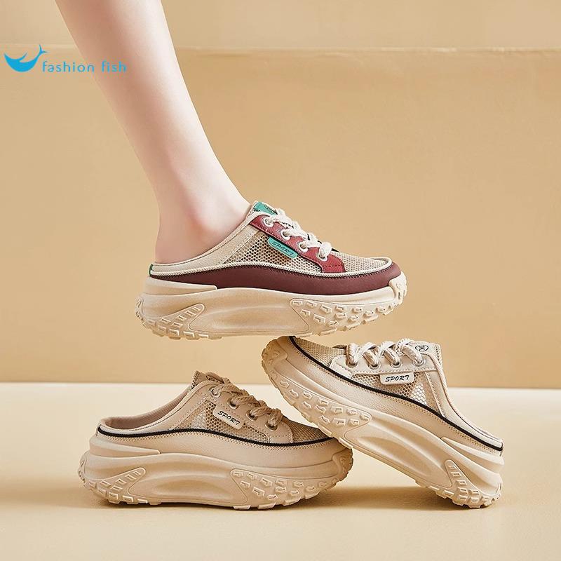 2025 summer half-drag little white shoes new Korean version ins female students height-increasing breathable board shoes casual platform slippers