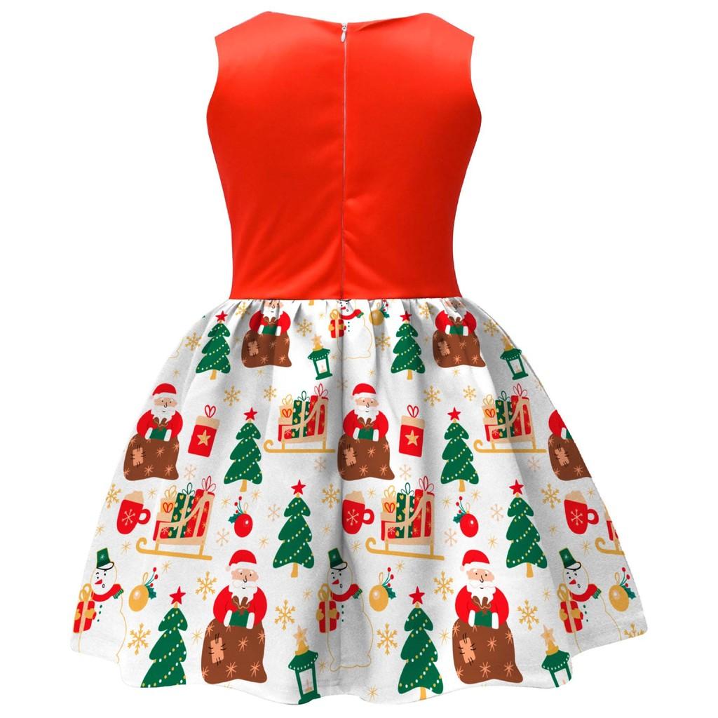 Kids Girls Cartoon Santa Claus Christmas Tree Elk Print Bow Sleeveless Casual Dress