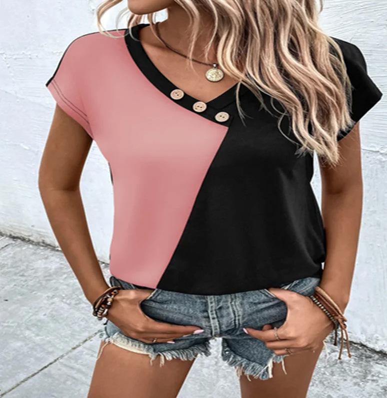 

2024 Summer Casual Black and White Color Block V-Neck Button Short-Sleeved Top Large розовый