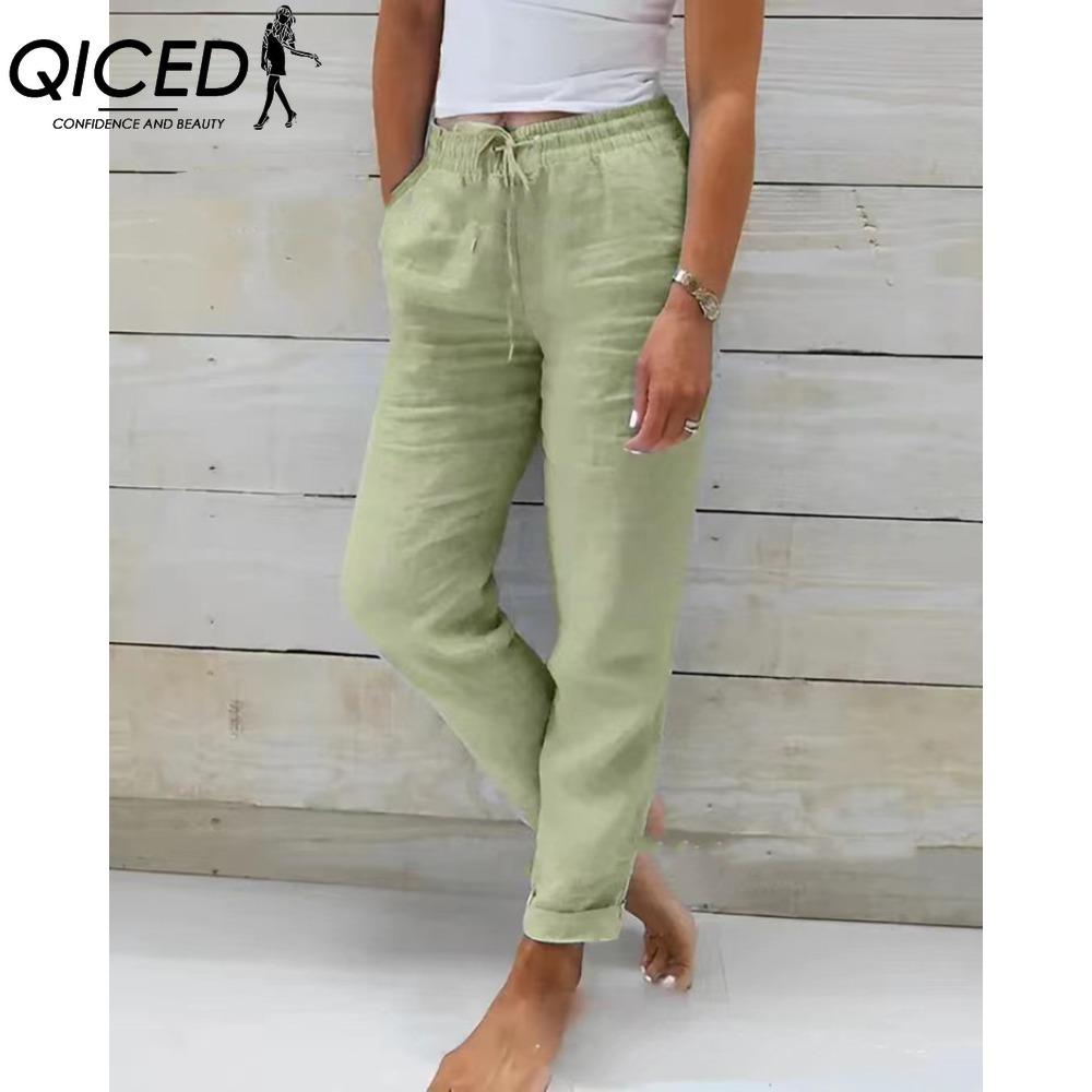 QICED Women's Summer Wide Leg Elastic Waist Trousers Nine Points