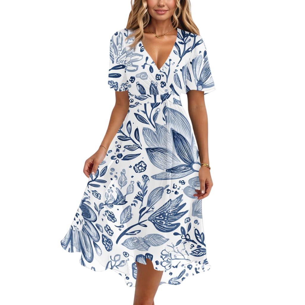 Women's Casual V Neck Short Sleeve Floral Print Dress Midi Length Wrap Style Lightweight Fabric Summer Dress