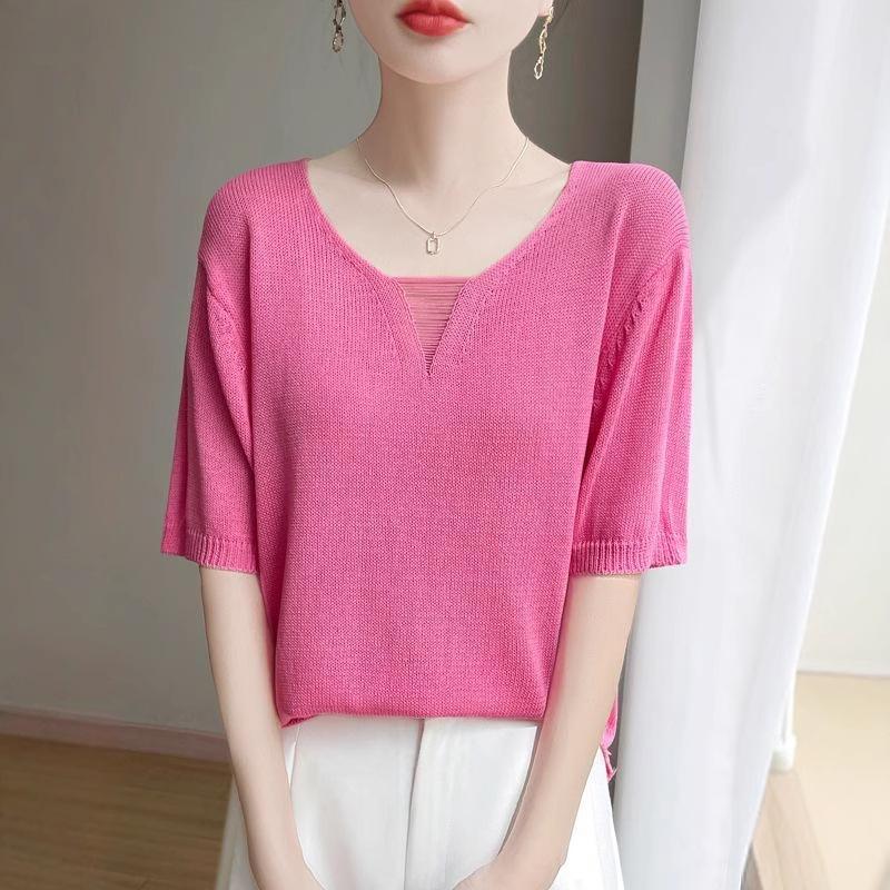 

Summer New Style Ice Silk Women s Age-reducing Hollow V-neck Short-sleeved Slim Fashionable and Versatile OneSize красный