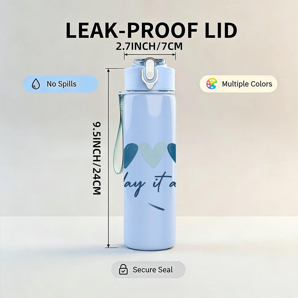 1PC One Day At A Time Hearts Art 750ml Color Plastic Sports Water Bottle Leakproof Flip Straw Lid Suitable for Sports Office Home Use