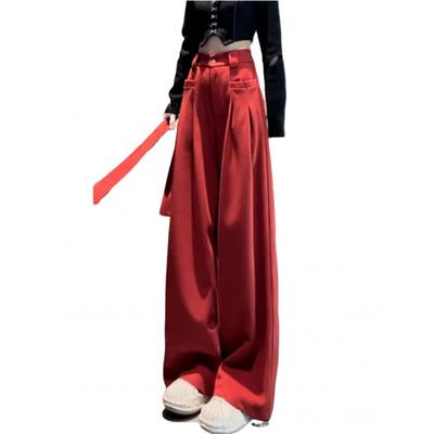 New Fashion Irregular Stitching Straight Trousers Women's Autumn Design Style Drape Red Suit Pants Comfortable Casual Trend Y2K