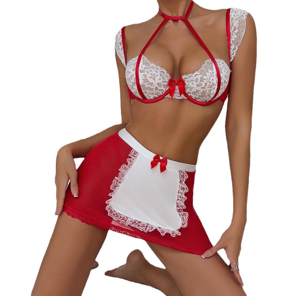 Sexy Perspective Lingerie Bow Neck Lace Contrasting Bra Set Cosplay Maid Outfit