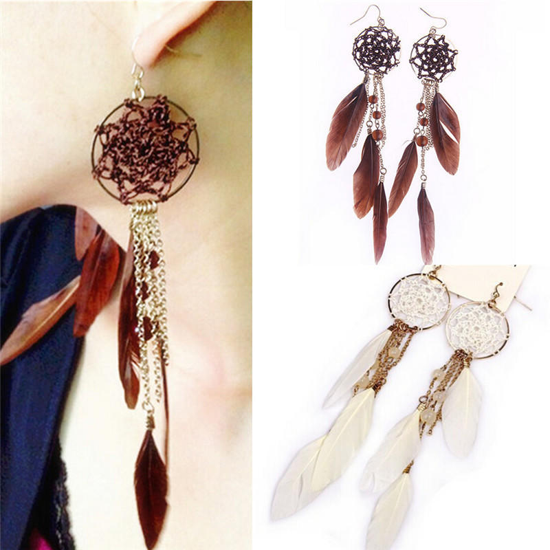New Bohemia Ethnic Feather Beads Long Design Dream Catcher Earrings For Women