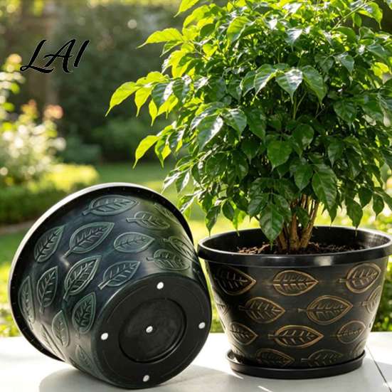 Garden Supplies for Flowers 11 Inch Flower Pots Leaf Embossed Plastic Planters with Drainage Hole Retro Breathable Containers Indoor Outdoor