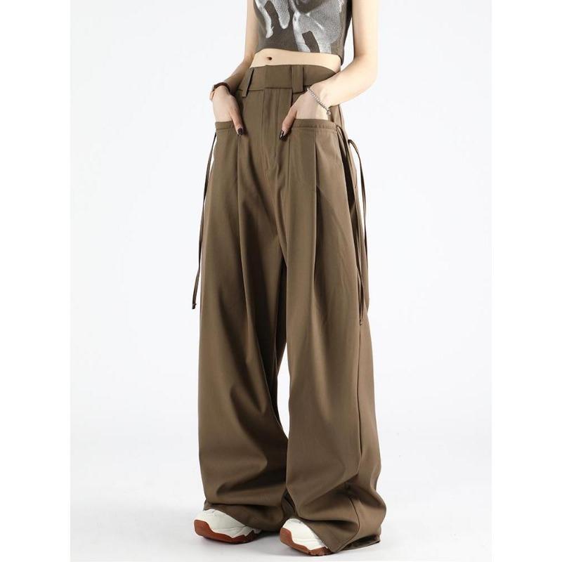 Hong Kong Style Retro Brown Wide Leg Suit Pants for Women 2024 Spring and Autumn New Style Loose Strap Hanging Floor Pants for Summer