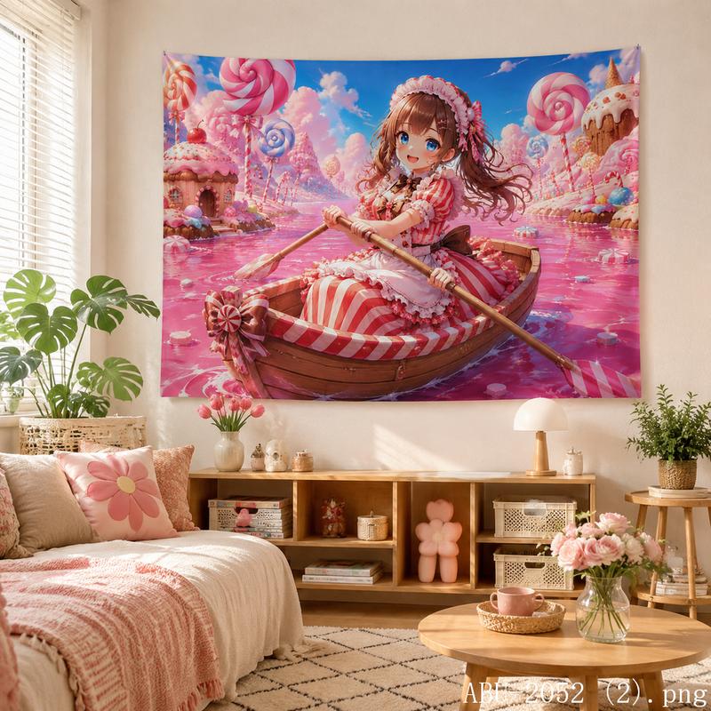 Cherry Blossom Kawaii Anime Girl Aesthetic Tapestry Soft Pastel Floral Wall Hanging Teen Dorm Bedroom Otaku Home Decor