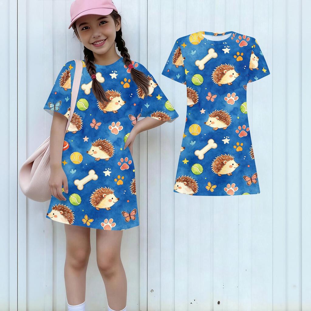 Girls Loose Fit Short Sleeve Dress Lightweight Round Neck Casual Animal Print Summer Dress for Kids Comfortable Daily Wear