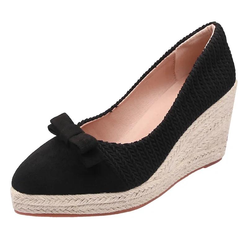 8cm Plus Size 34-42 Breathable Shallow Flock Platform Wedges Shoes Women 2025 Fall Bow High Heels Pumps for Office Mom Dance