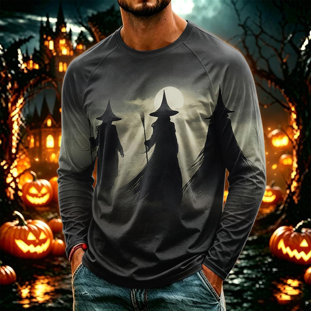 Men's Casual Long Sleeve Halloween Printed T-Shirt, Lightweight Neck Top for Daily Wear