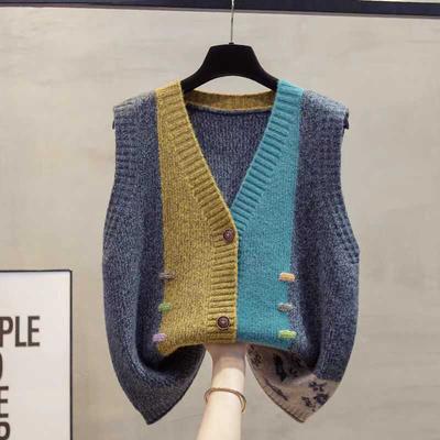 Spring Autumn Women's Knitted Vest Loose Color-Blocked Knitted Cardigan Vest High Elasticity Knitted Sleeveless Top