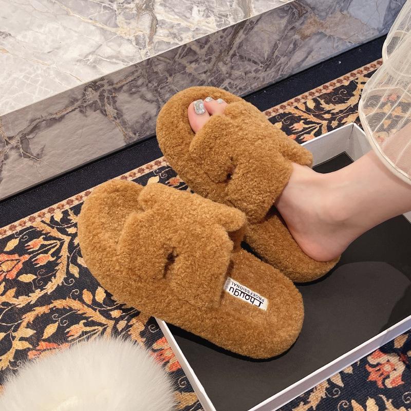 Premium Sense H Soft Bottom Fluffy Slippers Women's Outer Wear 2025 New Autumn and Winter Thick Bottom Wool Roll Home One-word Cotton Mop