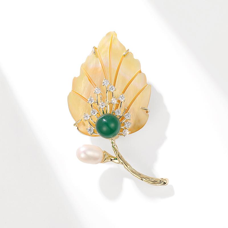 Bo Xin Yun Luxury Seashell Leaf Brooch with Agate and Freshwater Pearl