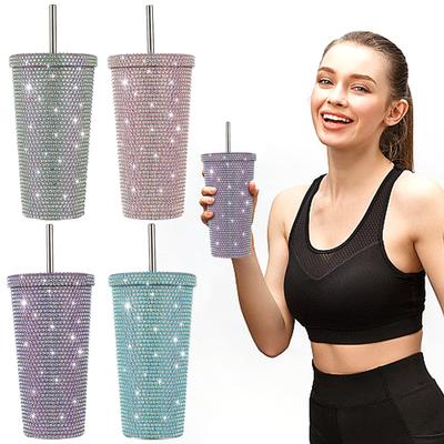 Nové 500ml Dvojvrstvé termosky z nerezové oceli s kamínky Dámský třpytivý pohár Láhev na vodu Dárek Opakovaně použitelný pohár se slámkou a víčkem