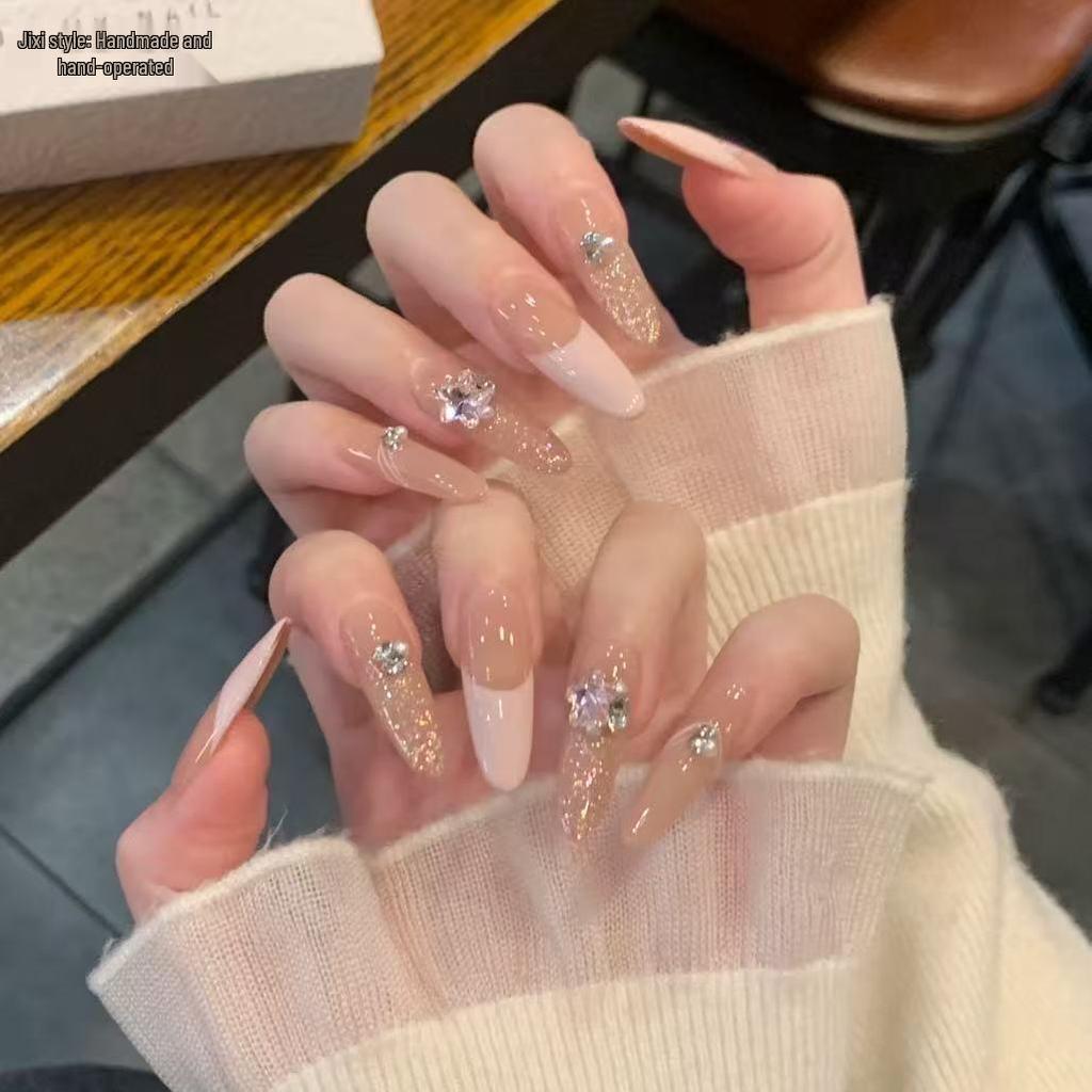 Cute KT Skin-Brightening Cat Eye Handmade French Nails with Fragrant Style and Sparkle Bow