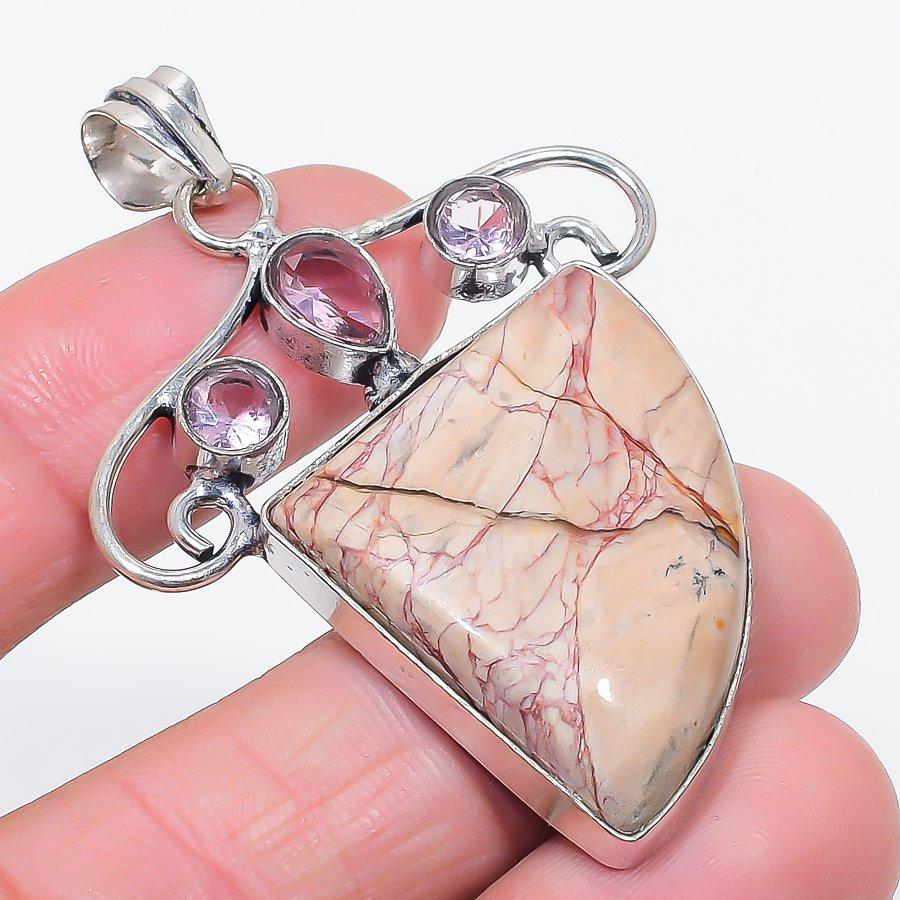 Natural Butterfly Jasper, Kunzite 925 Sterling Silver Jewelry Pendant 2.32" y3P28