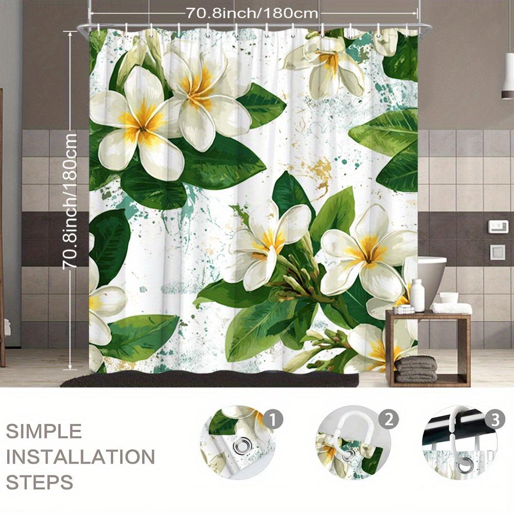 Flower Shower Curtain White Tropical Blooms With Green Leaves & Gold Splash, Hawaiian Style Bath Curtain For Vibrant Home Decor