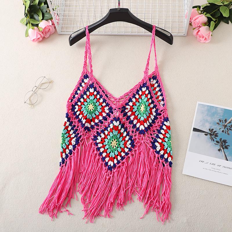 Summer Women's Camisole Ethnic Style Halter Pure Handmade Crochet Top Halter Bohemian Tassel Travel Holiday Vest