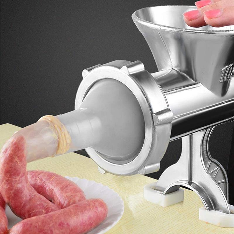 Manueller Fleischwolf, Silber, Aluminiumlegierung, leistungsstark, für Zuhause, Wurst, Küchengeräte, Gemüseschneider, Pfefferzubehör